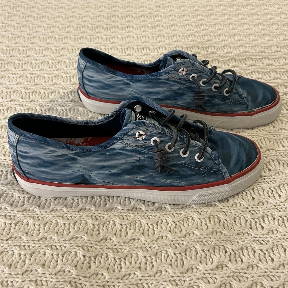 Rare Sperry Womens 8.5 JAWS Special Edition Blue Water Boat Shoes MINT Red Sole